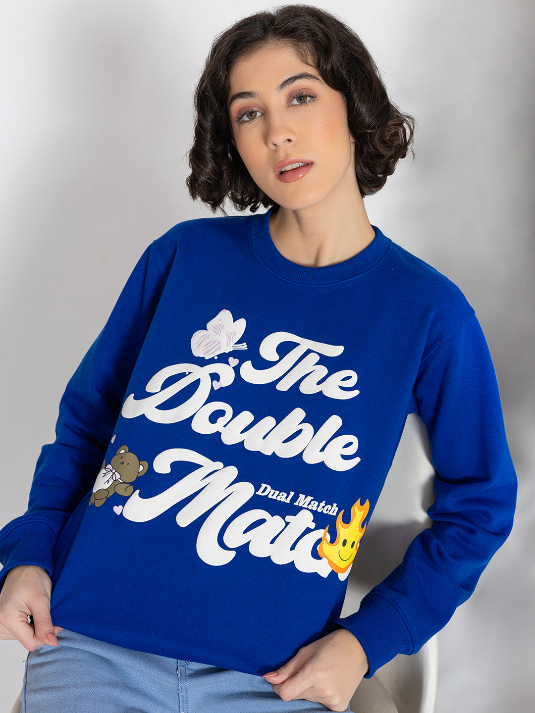 Back view of blue cotton fleece sweatshirt