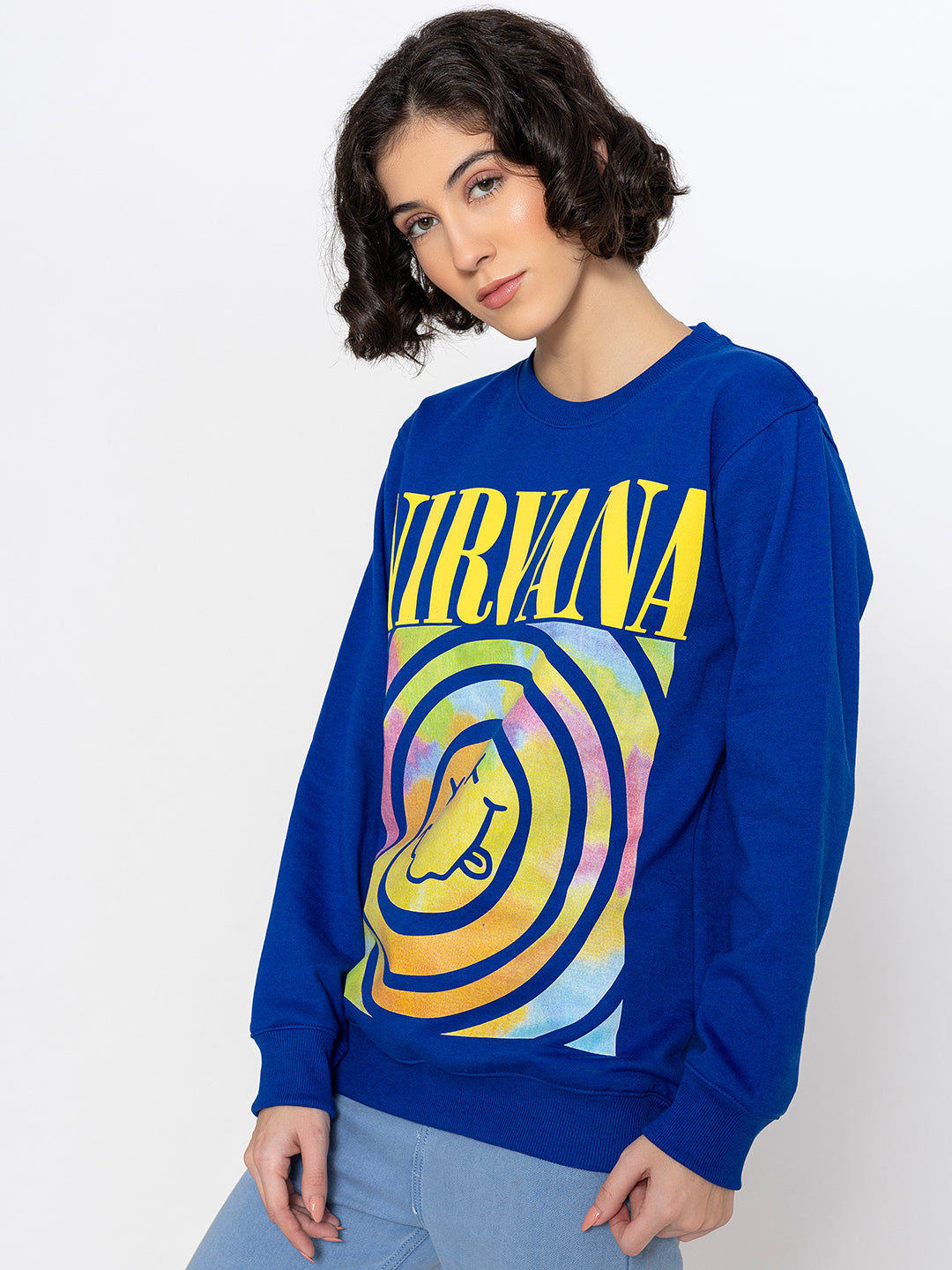 Close-up of graphic print on blue sweatshirt