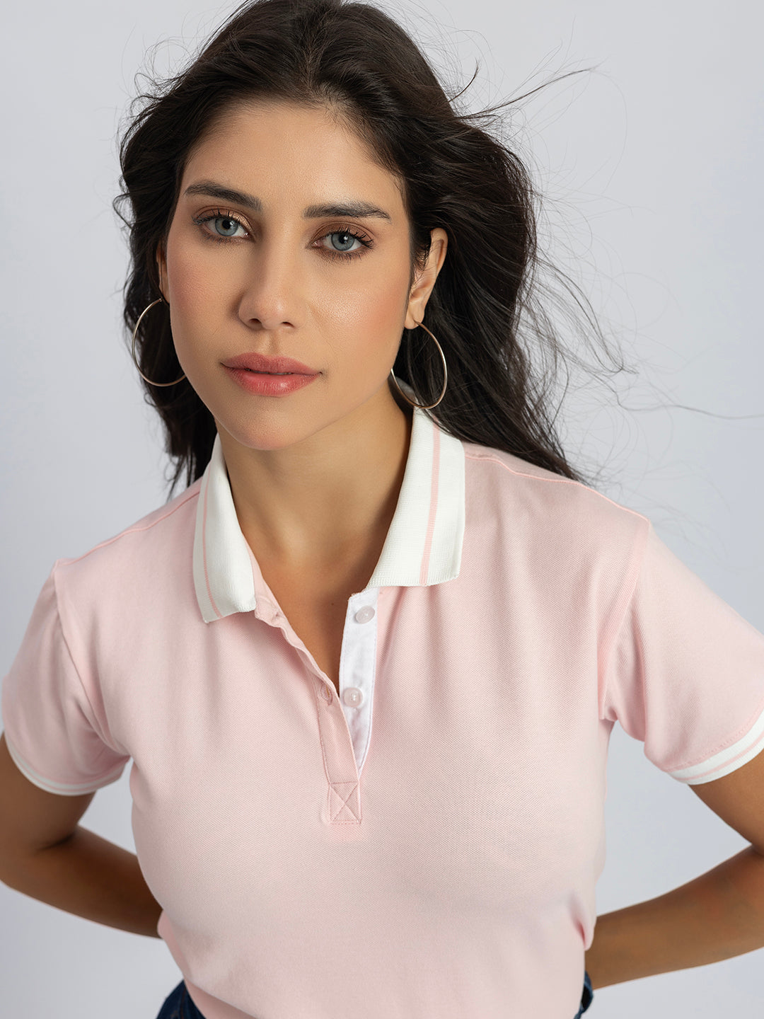 Front view of light pink striped collar pure cotton polo T-shirt
