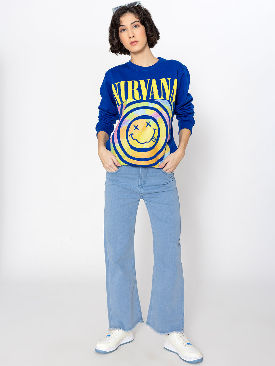 Detail of ribbed cuffs on blue sweatshirt