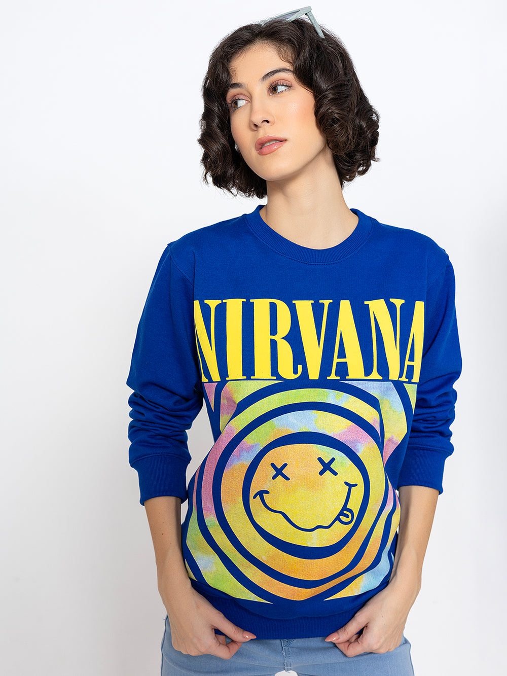 Side view of blue cotton sweatshirt with relaxed fit