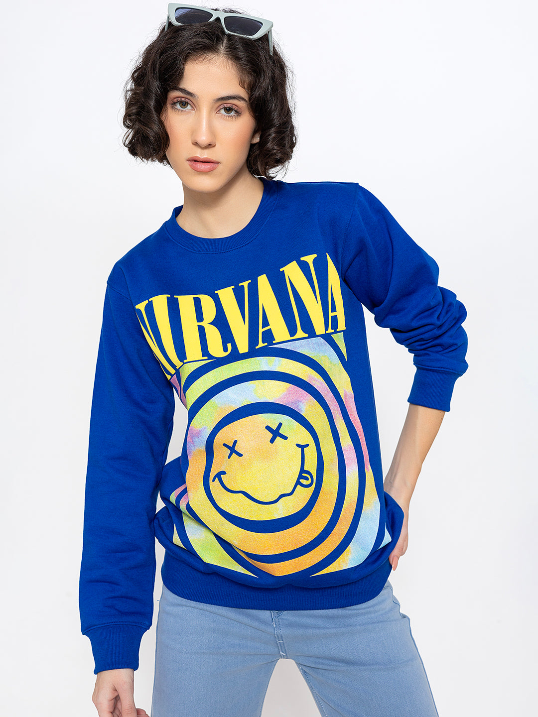 Back view of blue cotton fleece sweatshirt