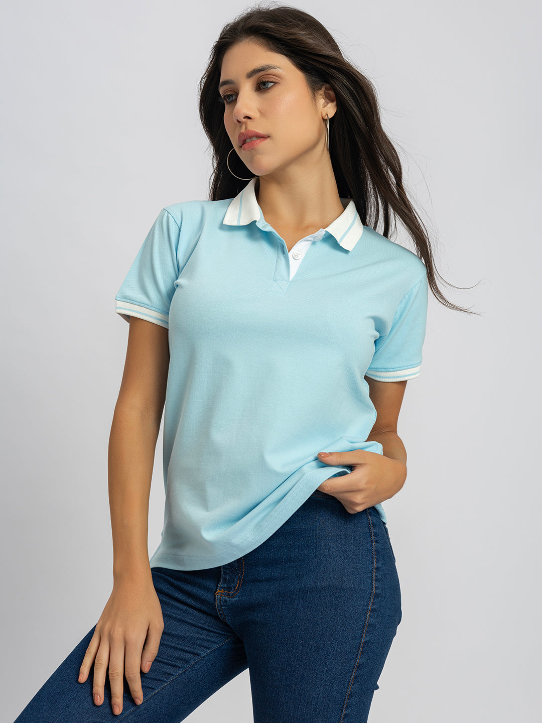 Back view of sky blue cotton polo T-shirt