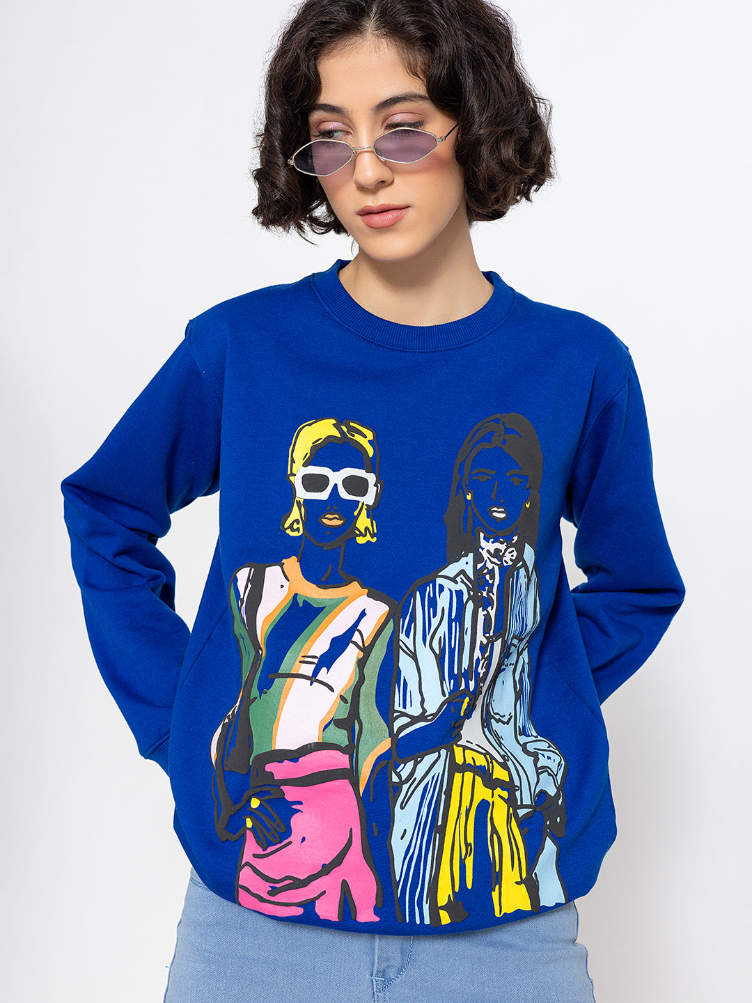 Back view of blue cotton fleece sweatshirt