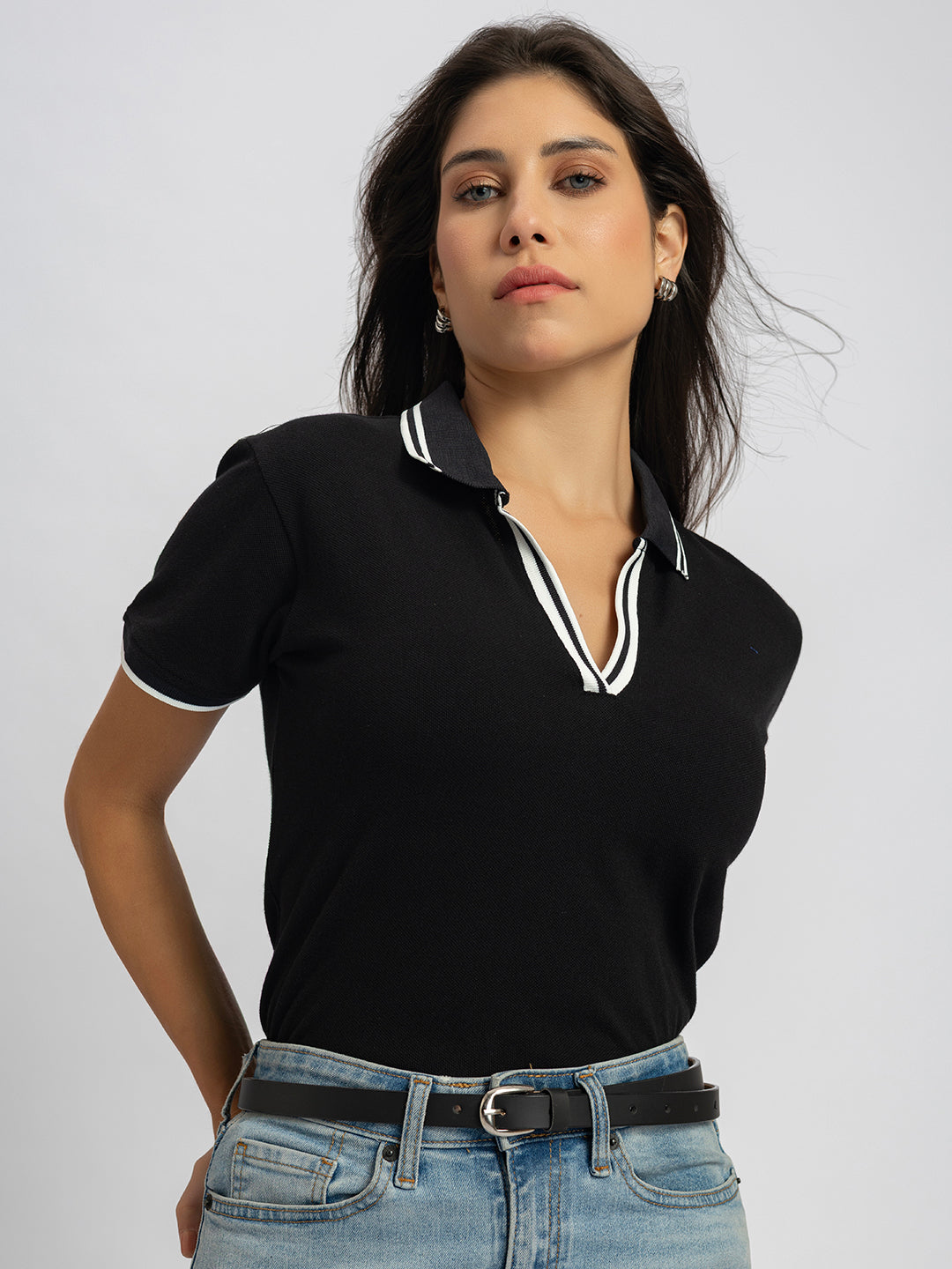Front view of black striped collar pure cotton polo T-shirt