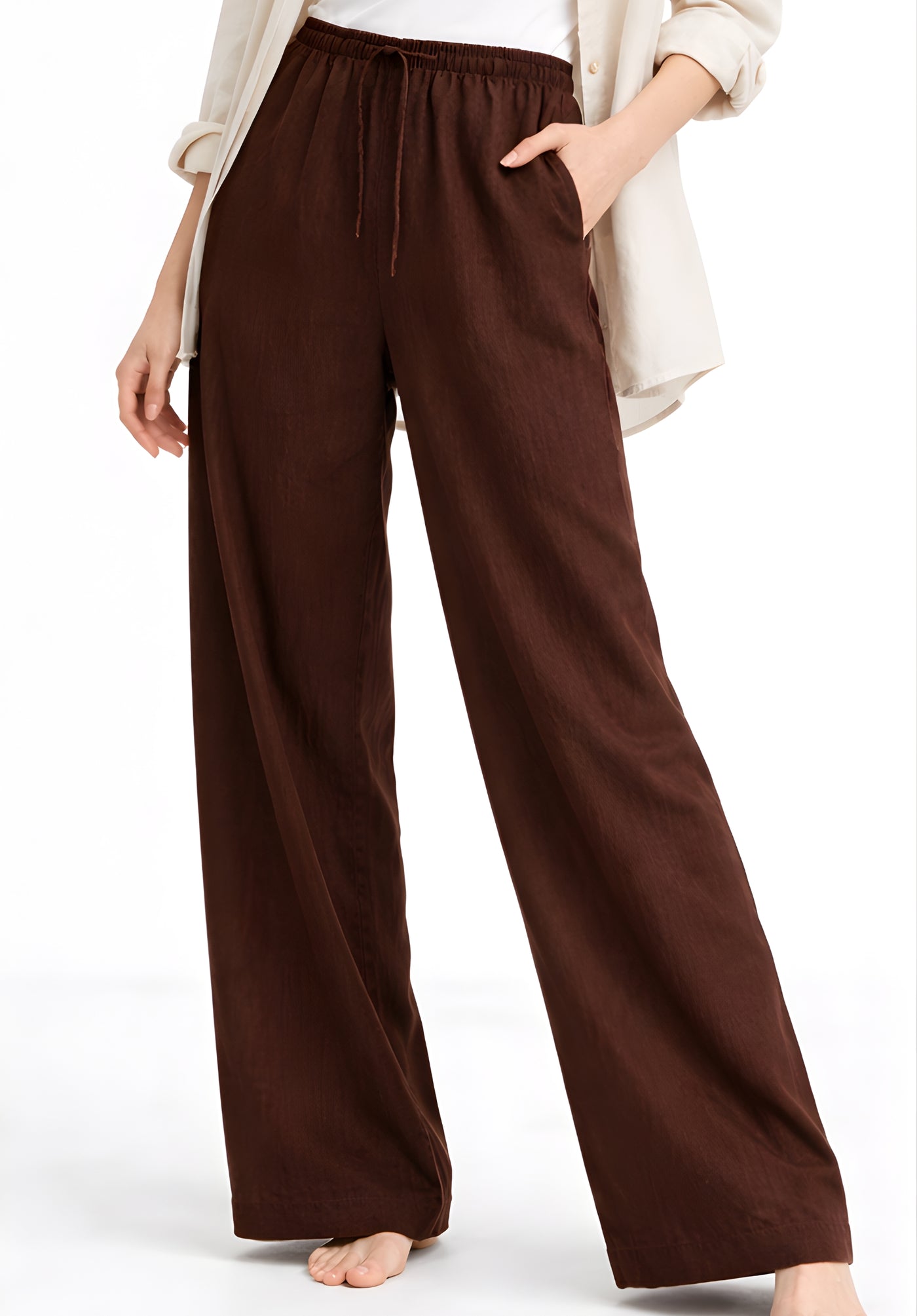 Brown Linen Blend Baggy Trousers