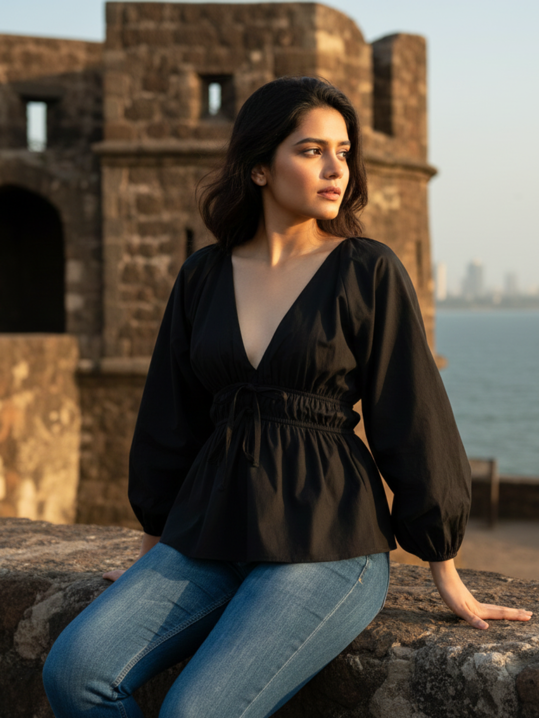 Front view of black poplin cotton V-neck top for women