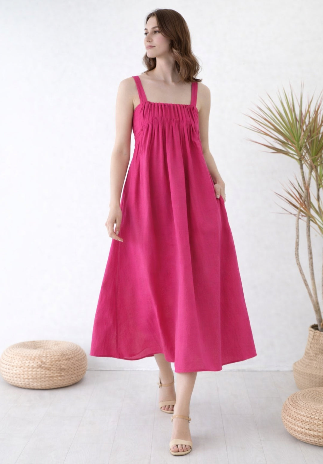 Pink pleated pure cotton A-line smoked waist dress front view