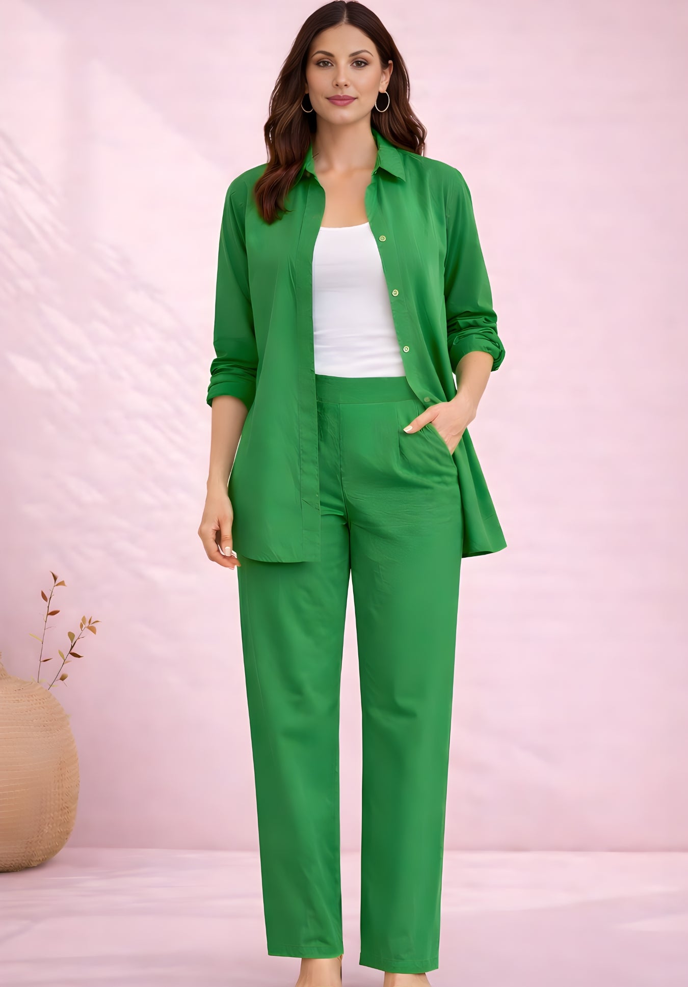 Side view of green cotton co-ord set styling