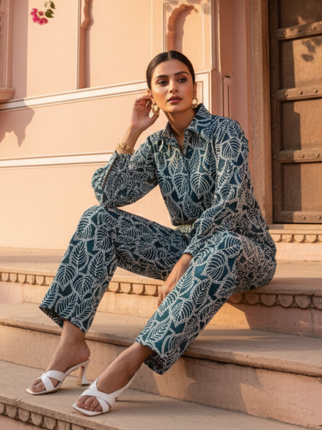 Side view of green cotton Schiffli co-ord set