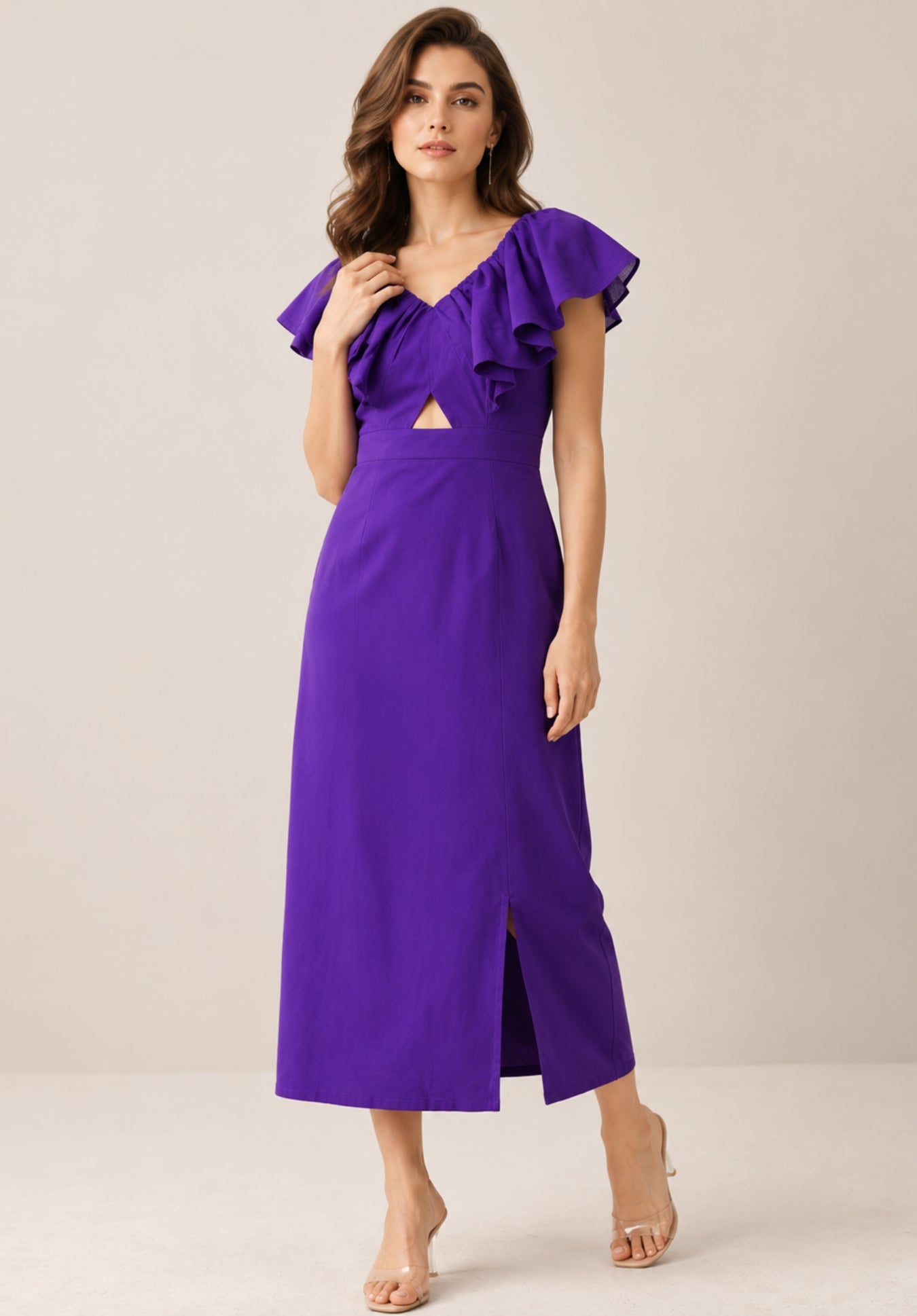 Purple Pure Cotton Flutter Sleeve Ruffled Sheath Midi Dress
