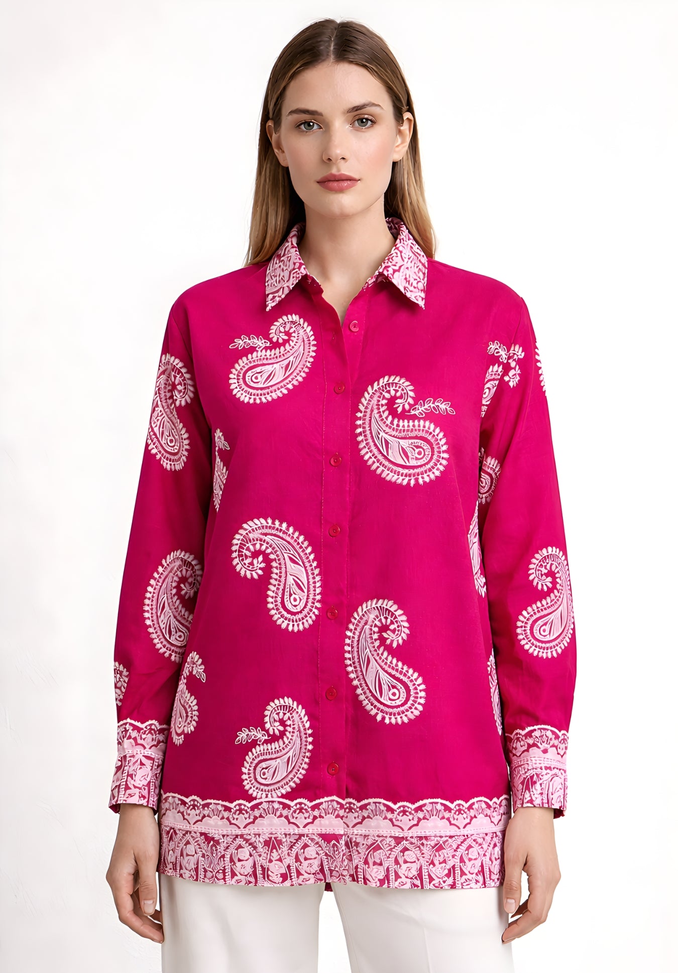 Side view of pink oversized shirt with spread collar