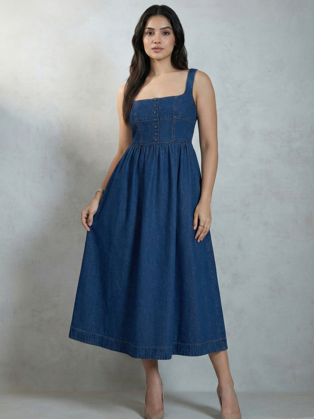 Blue denim flared midi dress front view