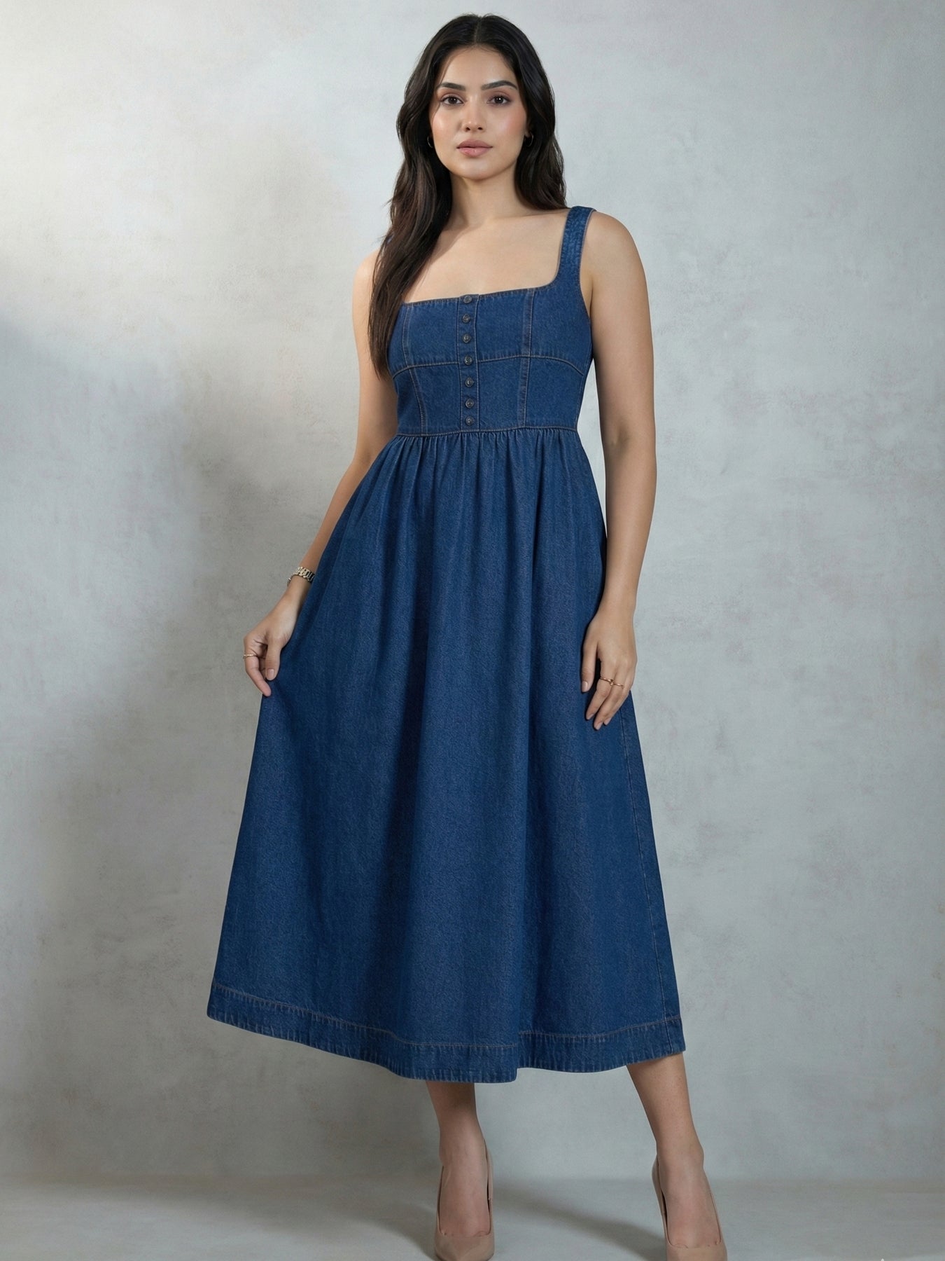 Blue denim flared midi dress front view