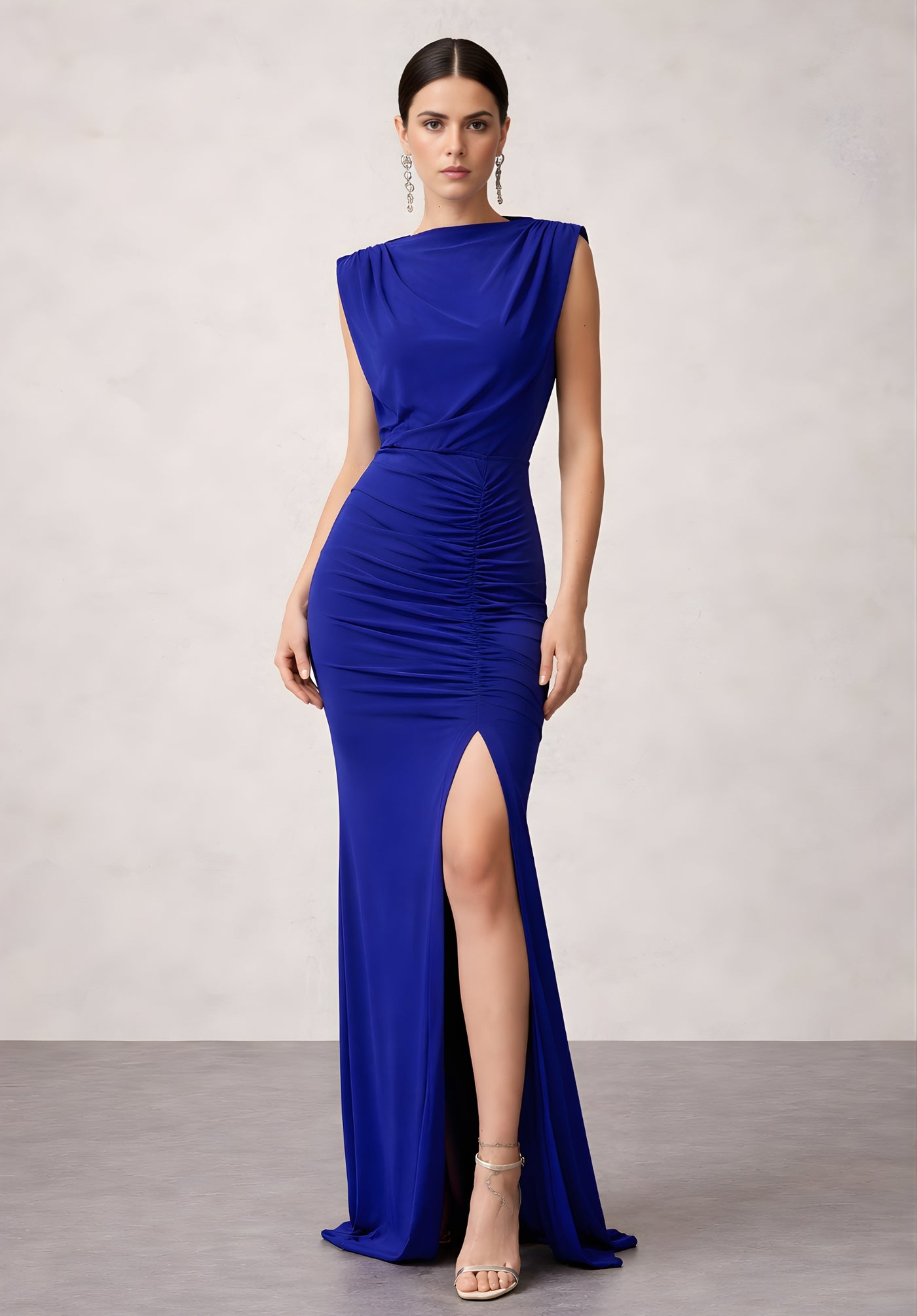 Front view of royal blue bodycon dress for women