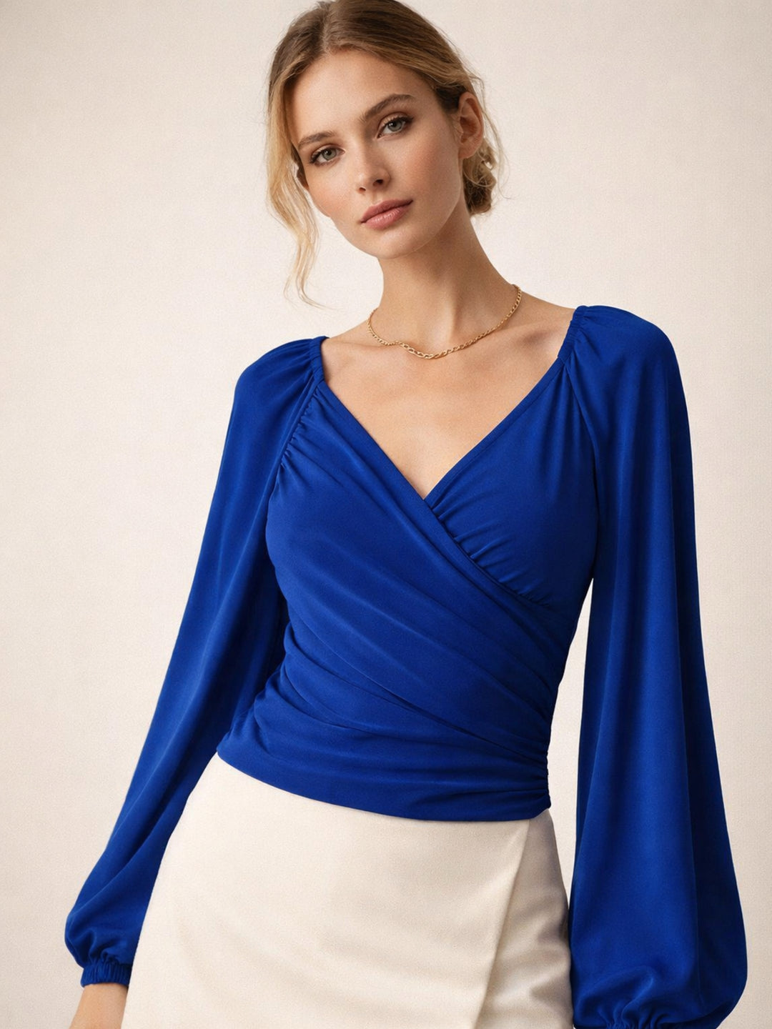 Royal blue wrap top with V-neckline front view
