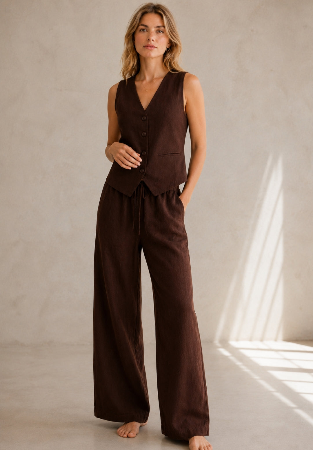 Brown Linen Solid Vest Top with Palazzos Co-ord Set