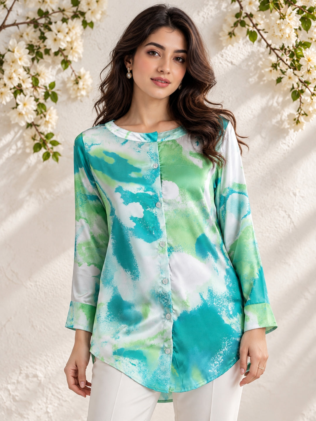 Green Printed Satin Kurta Shirt