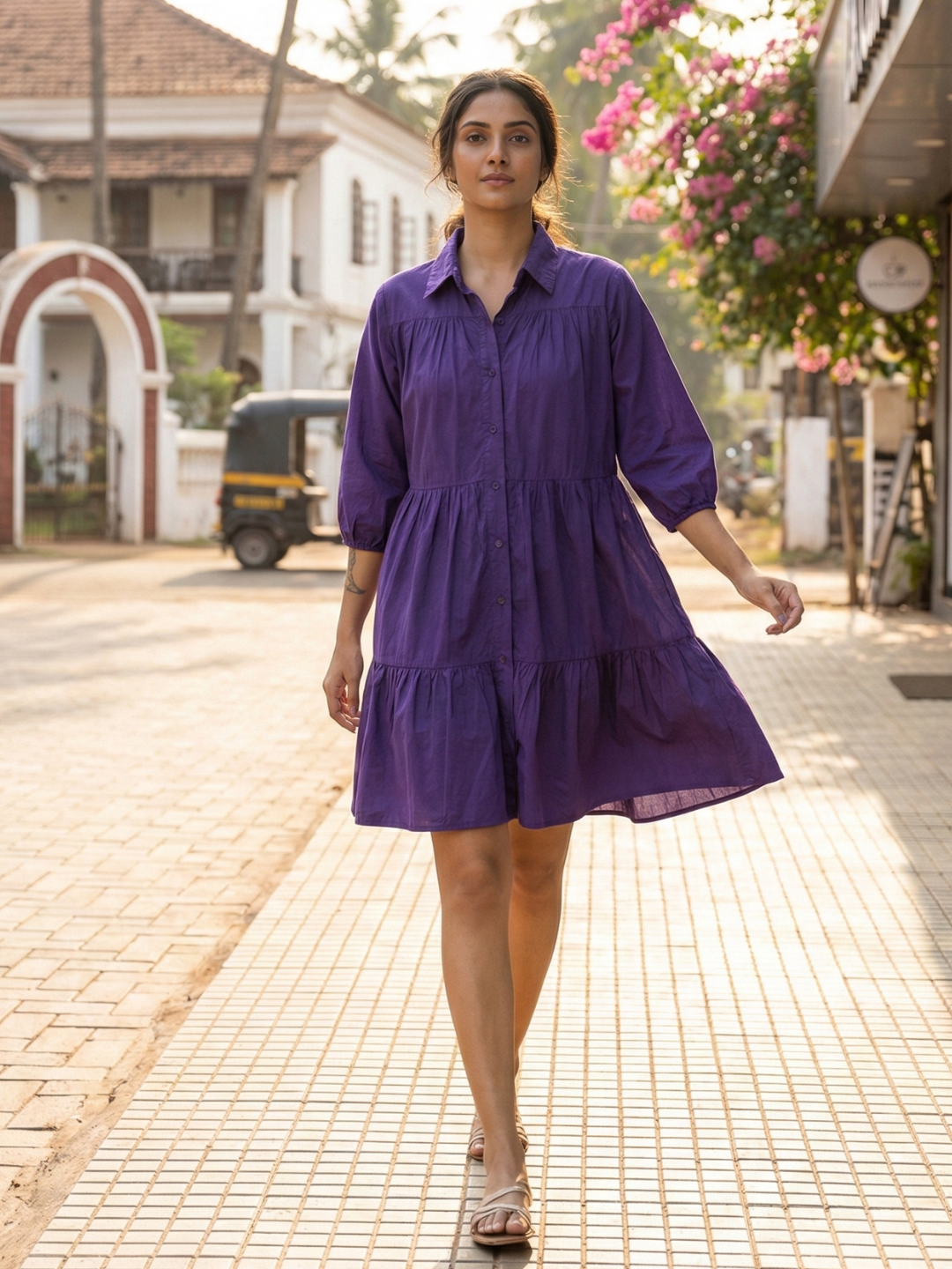 Front view of purple cotton shirt dress for women