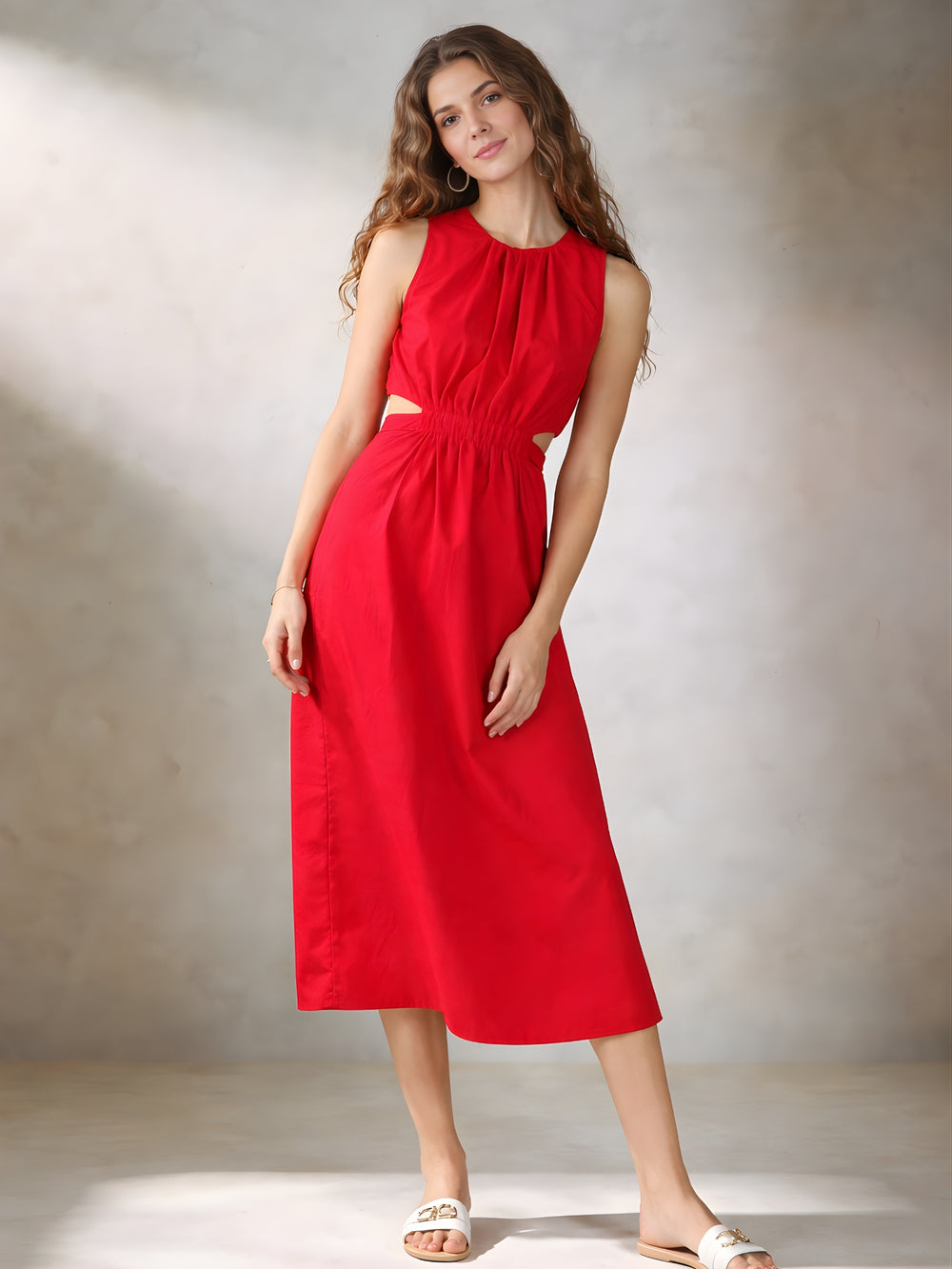 Red cotton A-line dress side profile showing flared silhouette