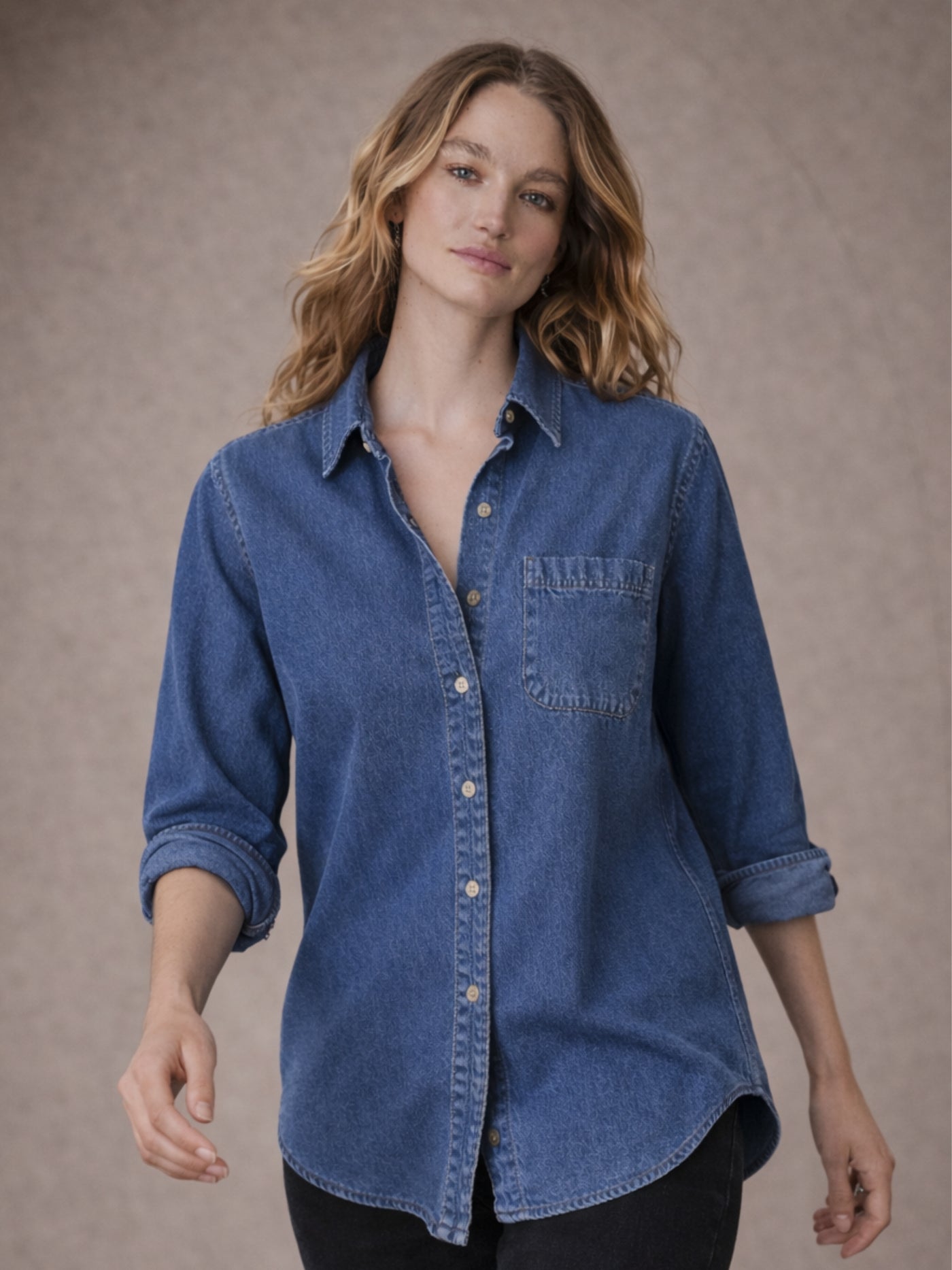 Back view of dark blue denim pocket shirt