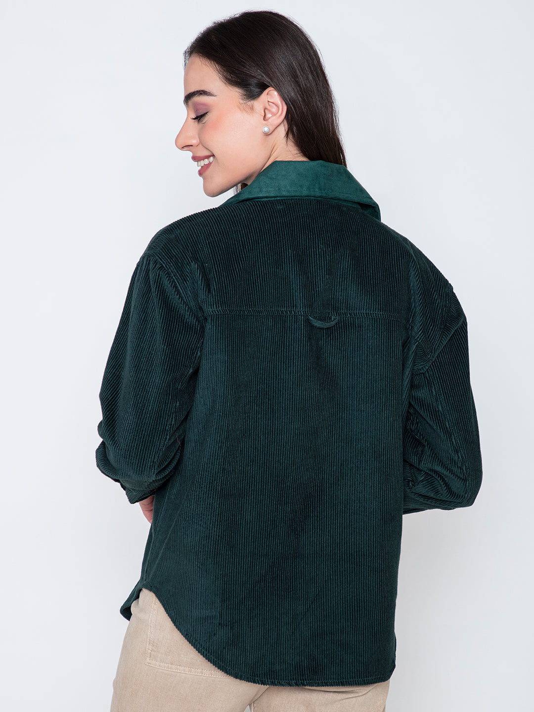 Back view of green oversized corduroy shacket