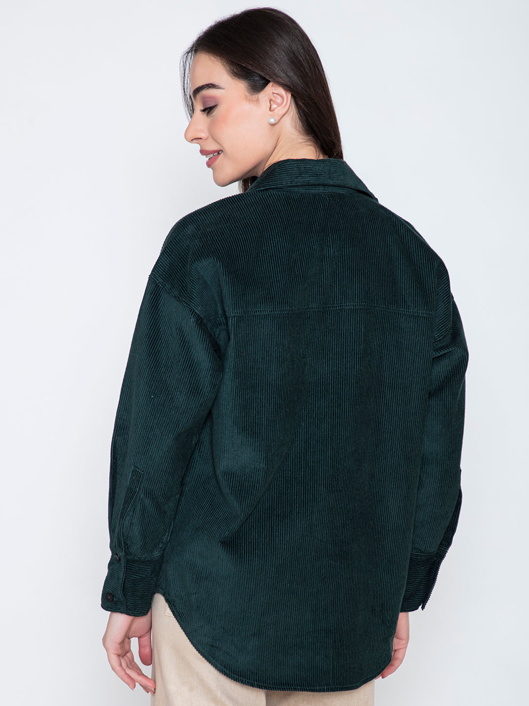 Back view of green oversized corduroy shirt