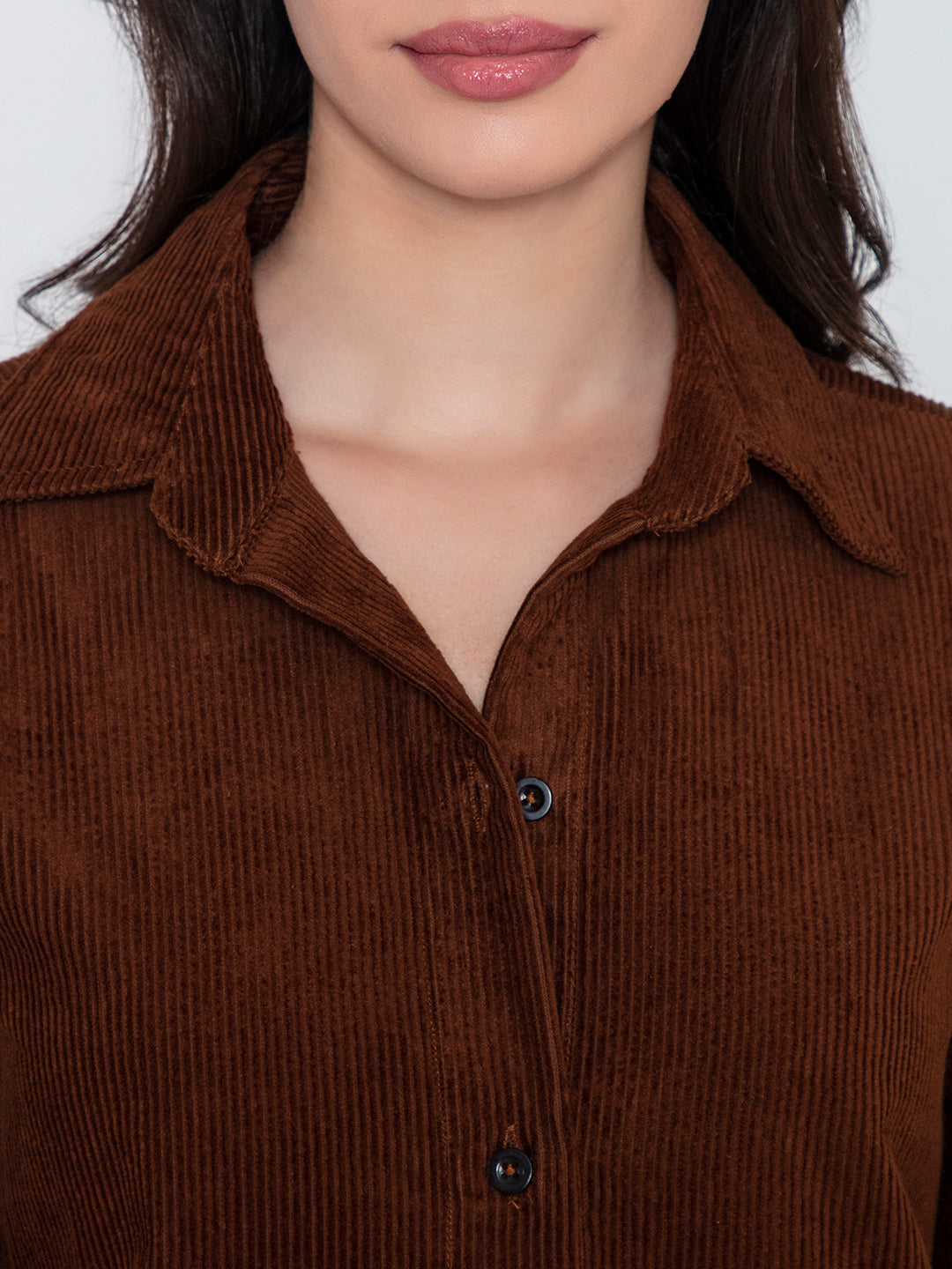 Back view of brown oversized corduroy shirt