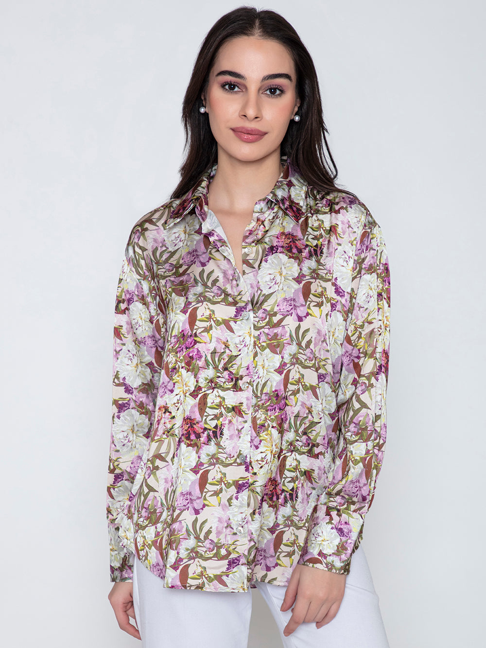 Purple floral print satin shirt close-up of fabric