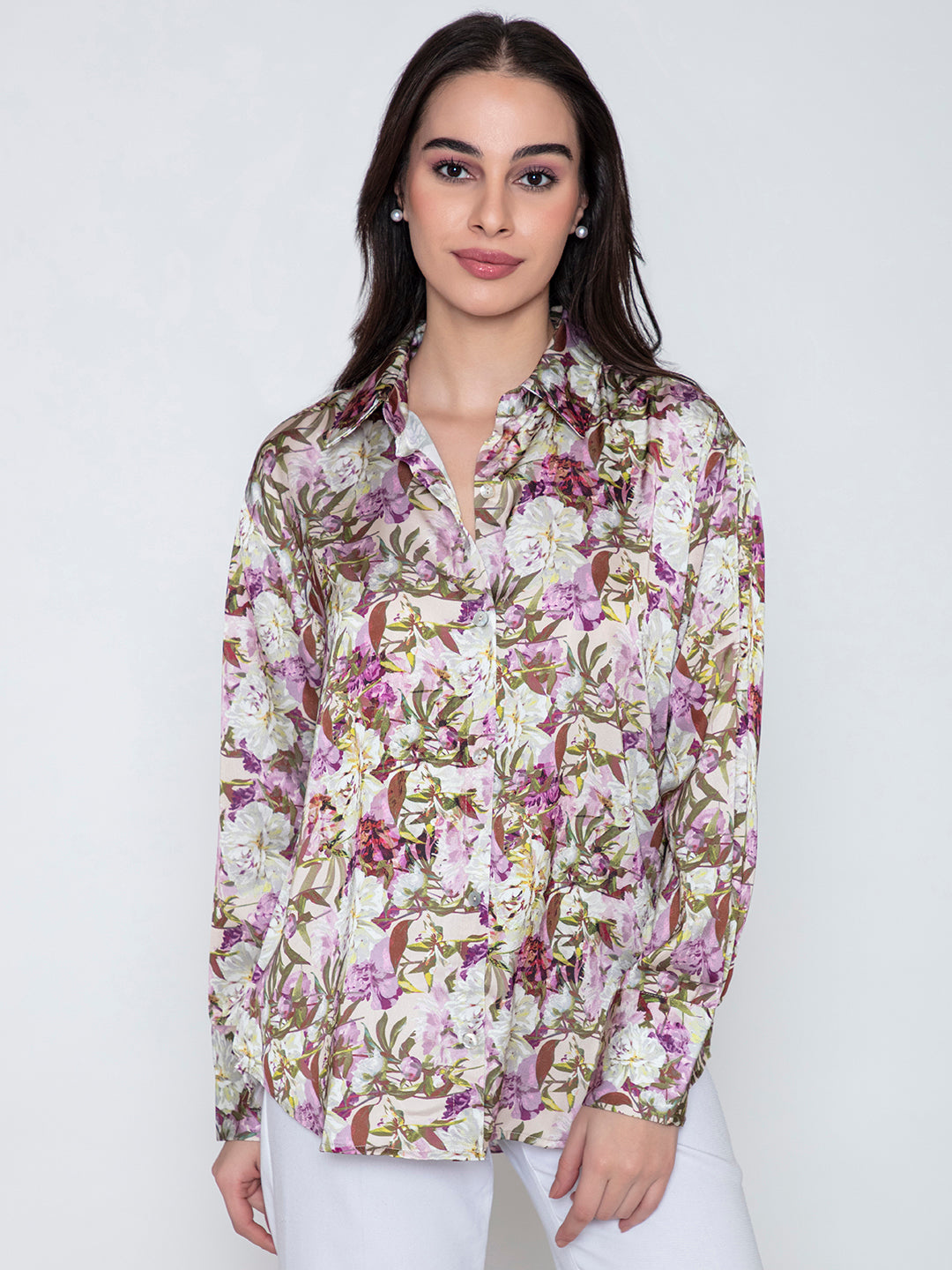 Purple floral print satin shirt close-up of fabric
