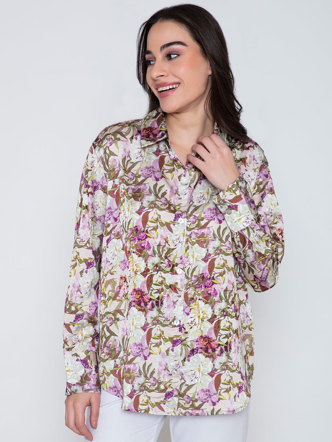 Front view of purple floral satin shirt