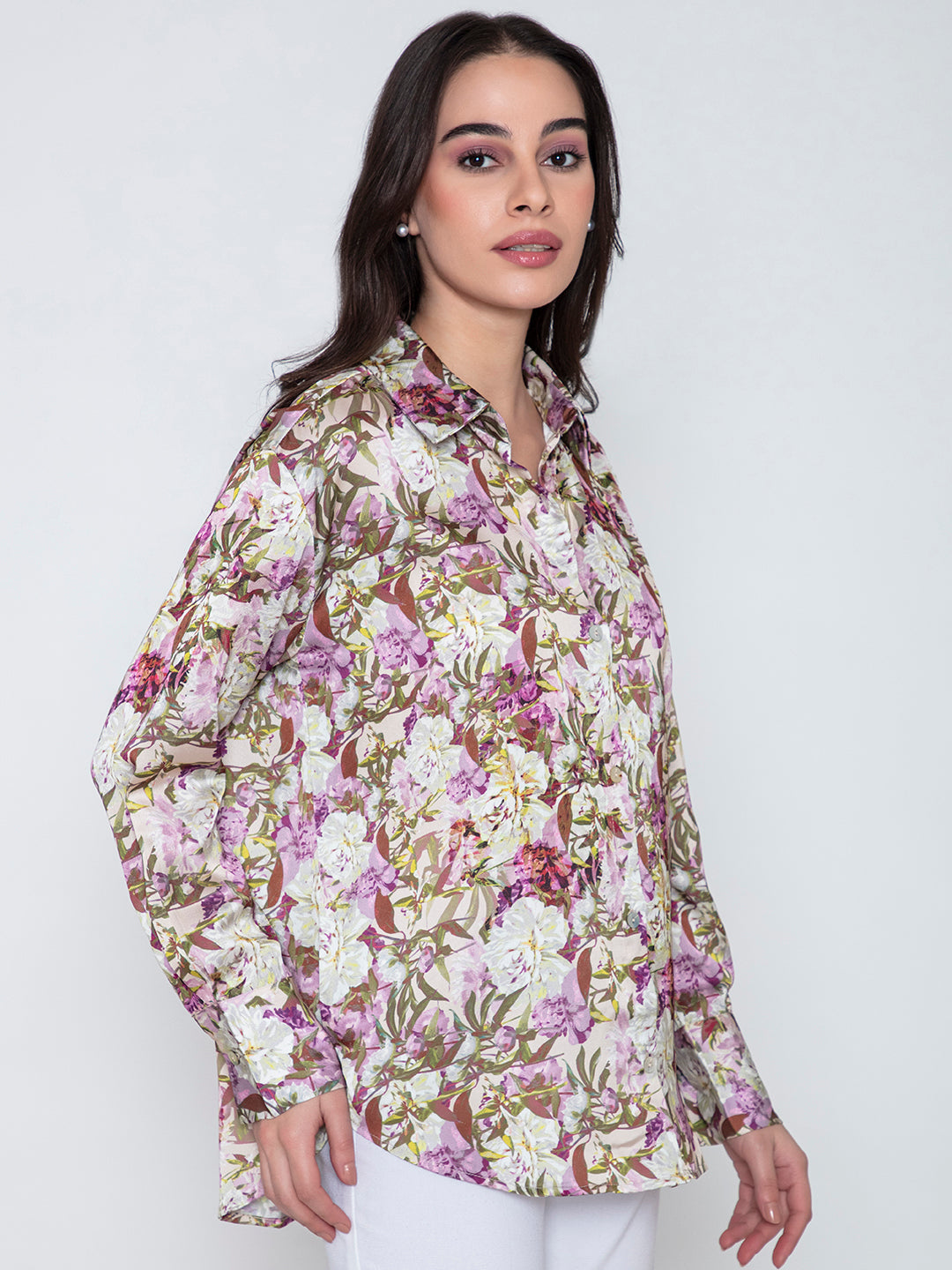 Purple floral satin shirt detail of placket and cuffs