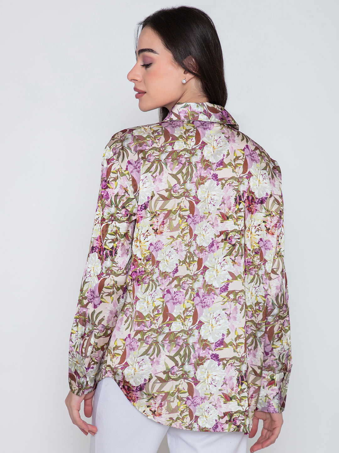 Purple floral satin shirt drape and movement