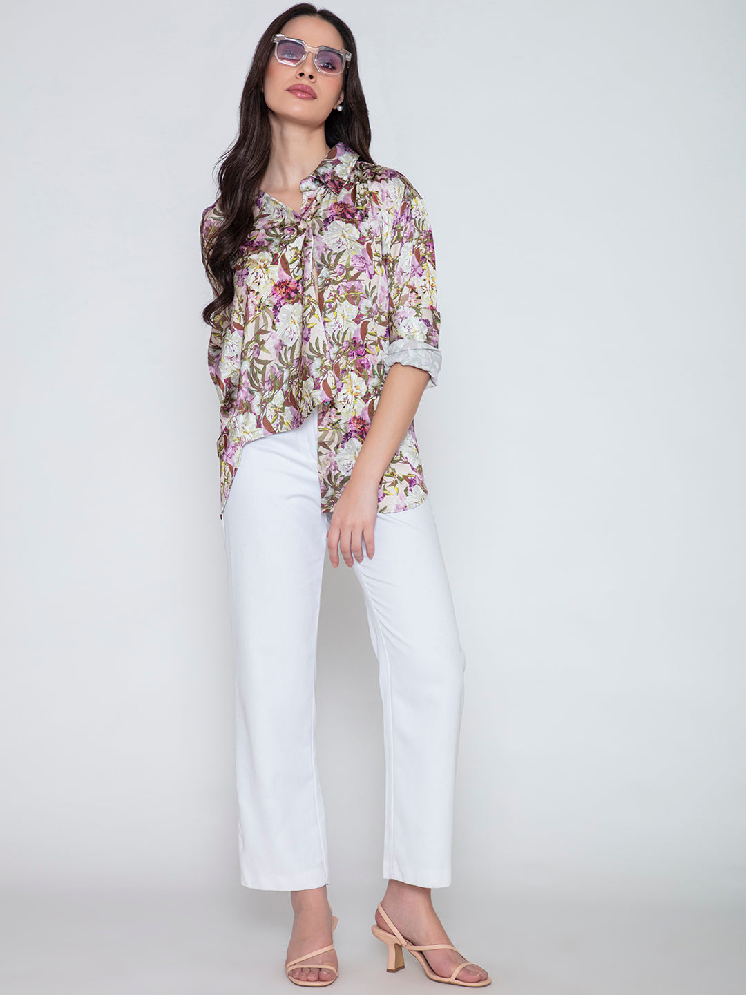 Purple floral satin shirt full outfit shot