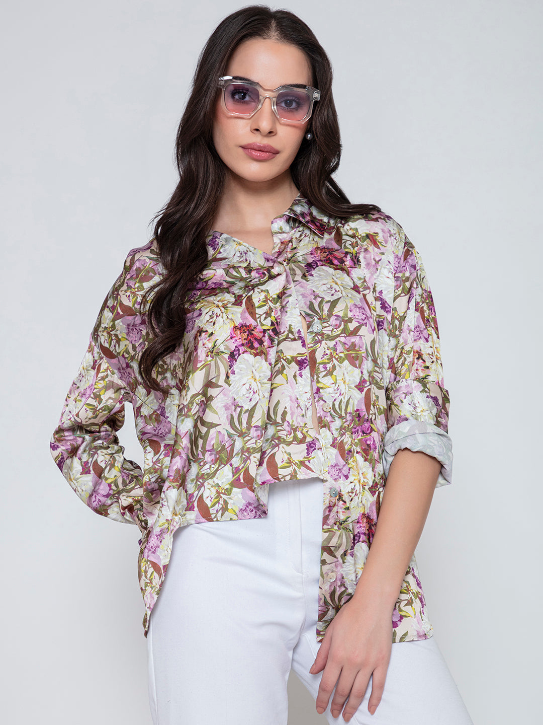 Side view of purple floral satin shirt