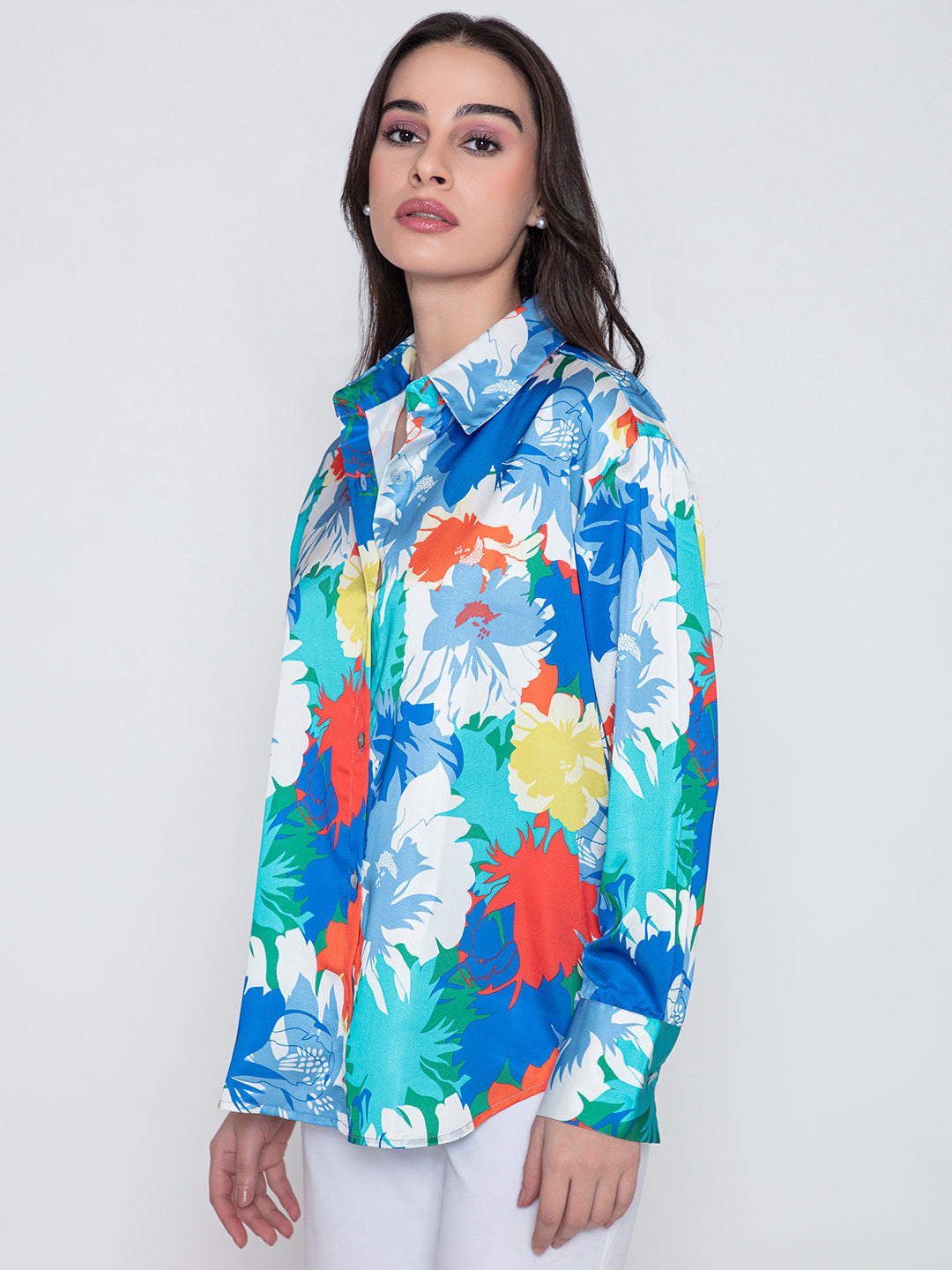 Back view of blue floral satin relaxed shirt