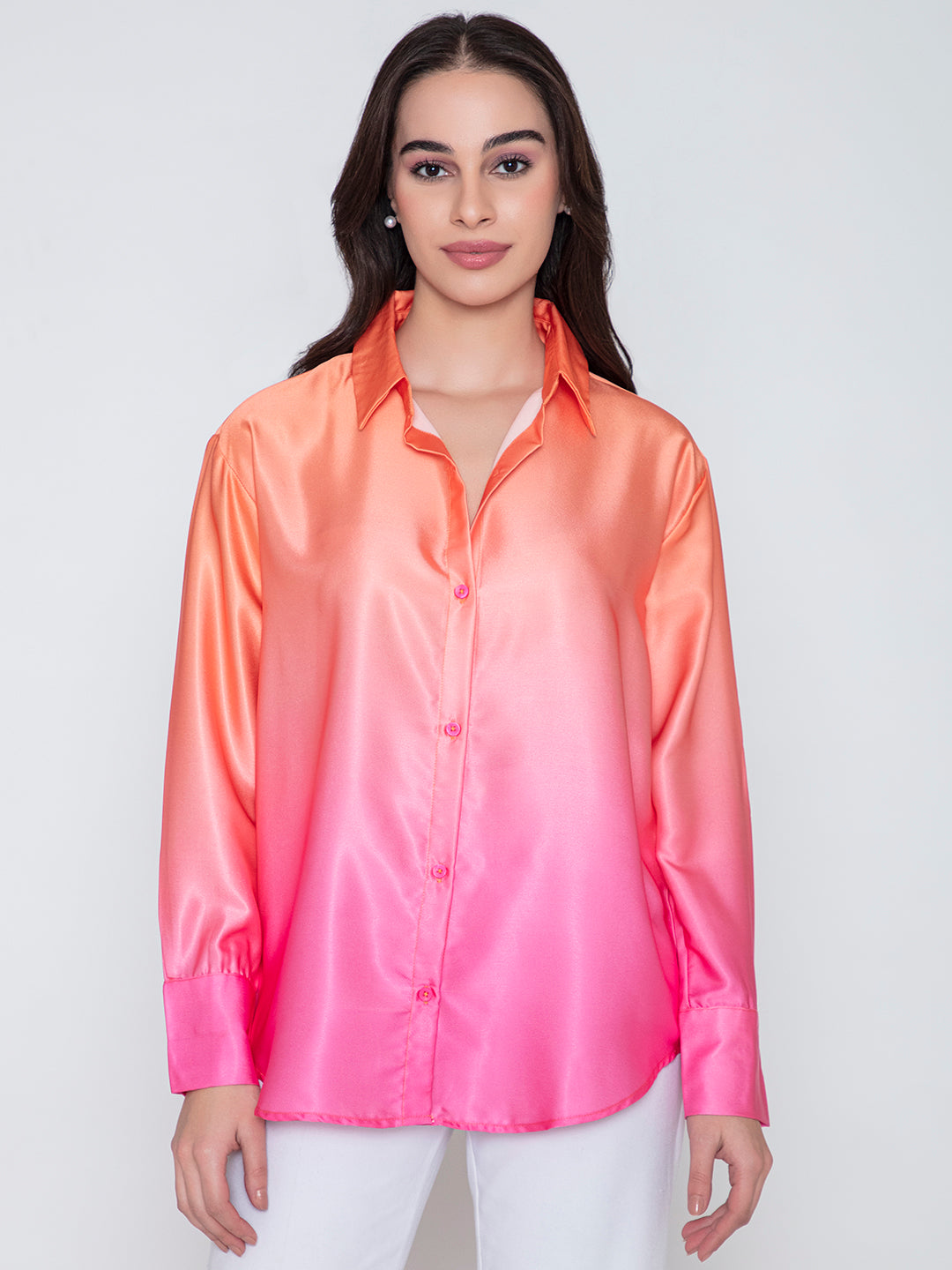 Front view of pink ombre satin relaxed shirt for women