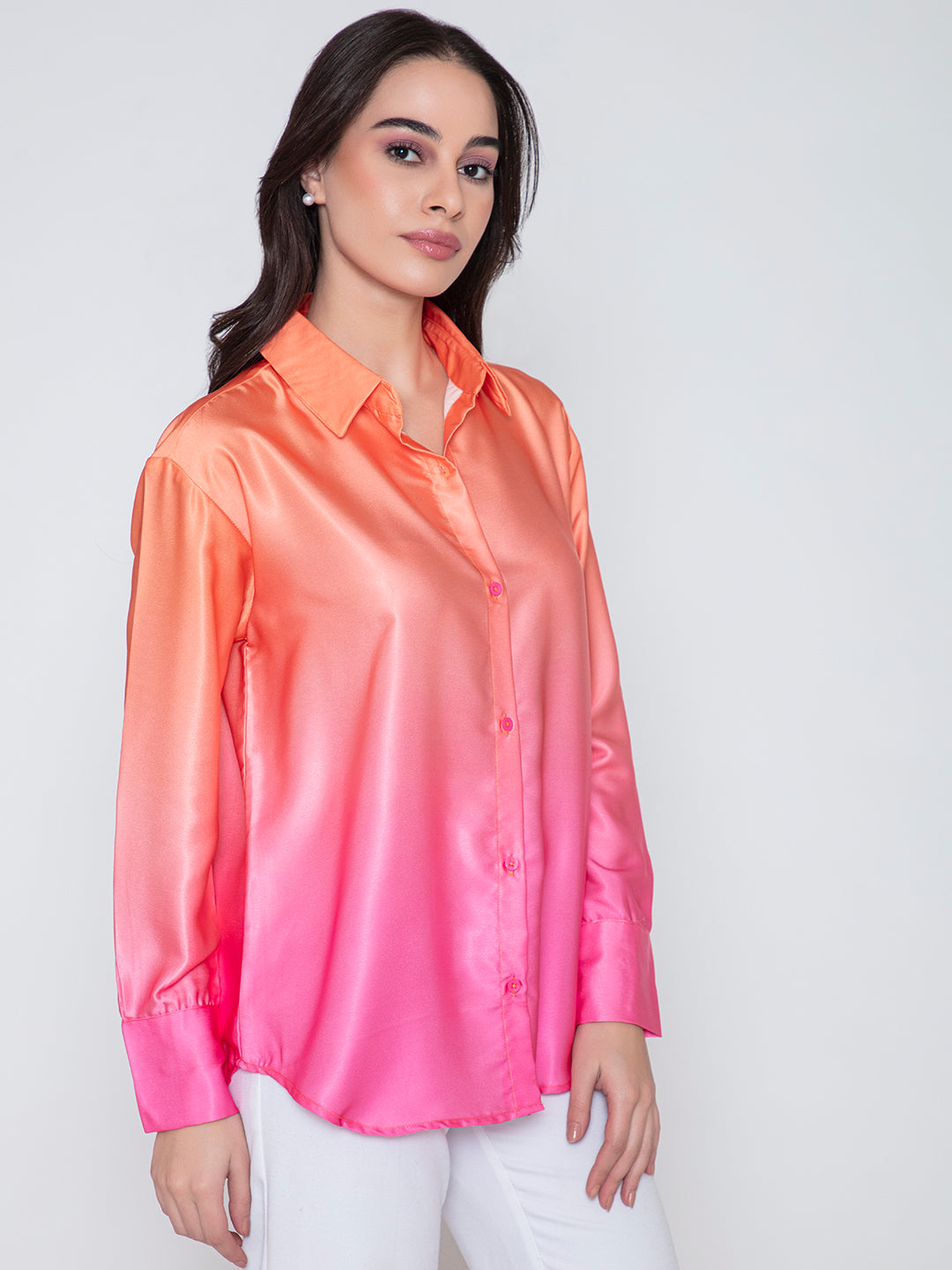 Back view of pink ombre satin relaxed shirt