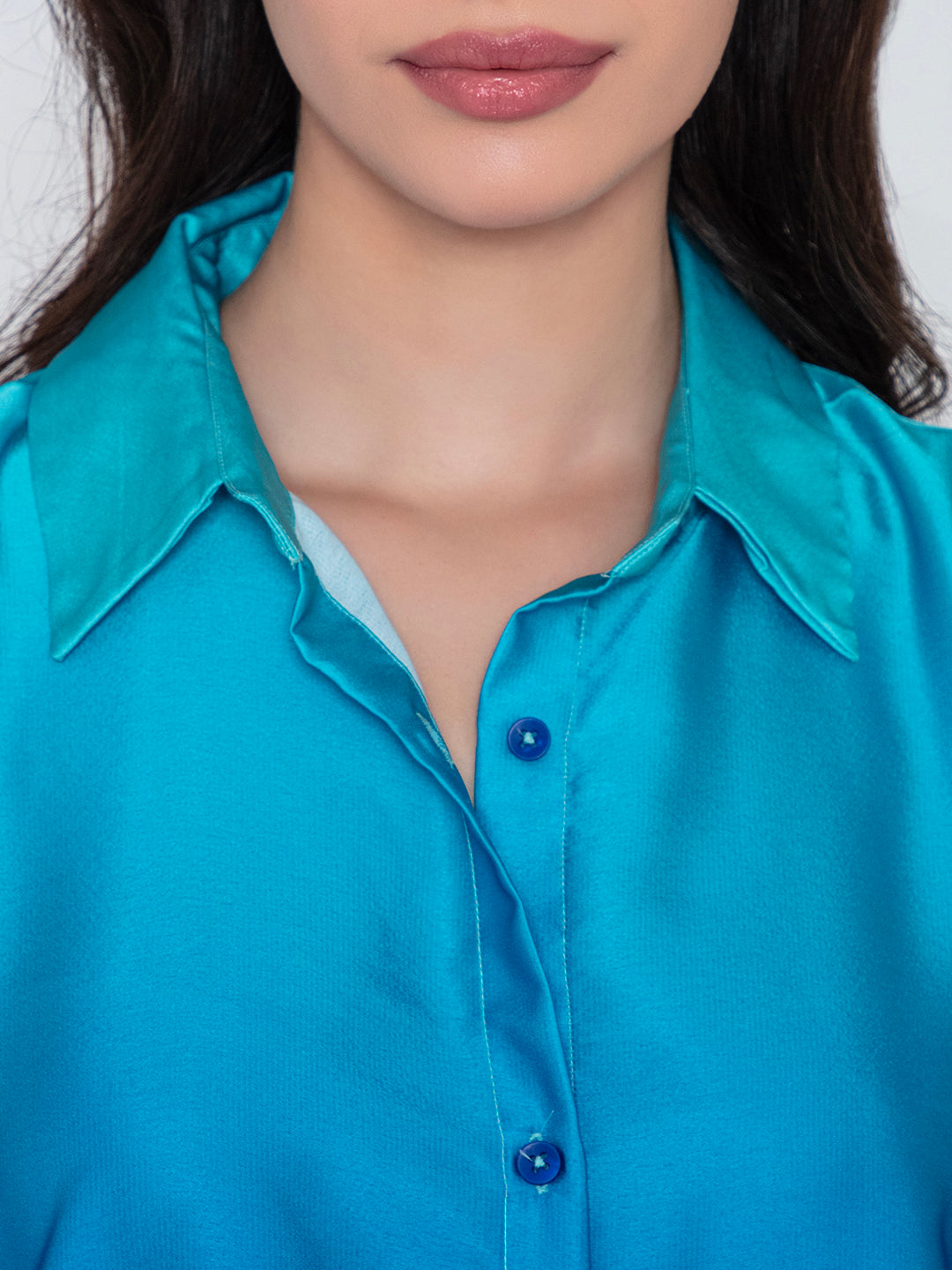 Back view of blue ombre satin relaxed shirt