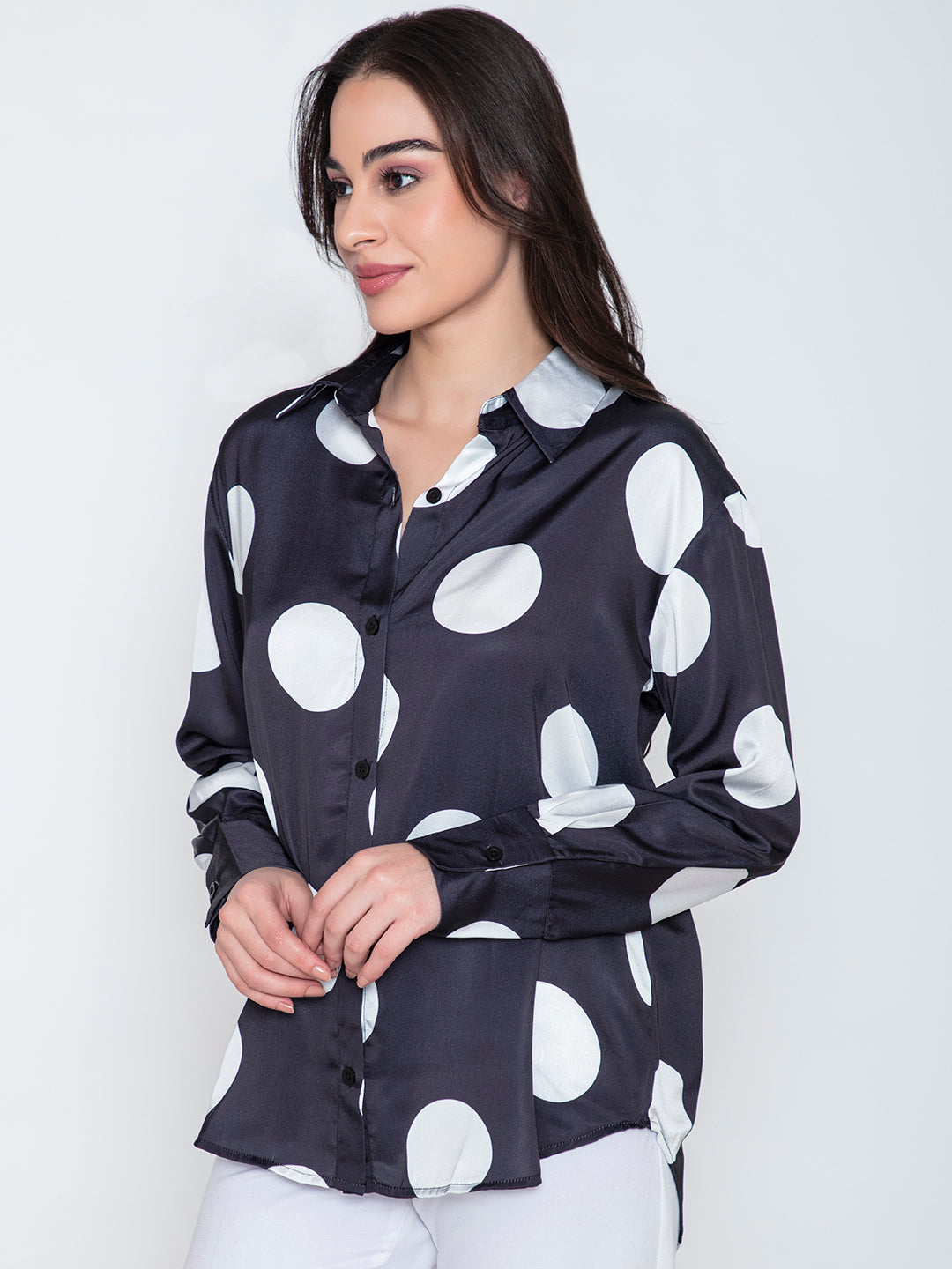 Polka dot satin shirt detail of placket and cuffs