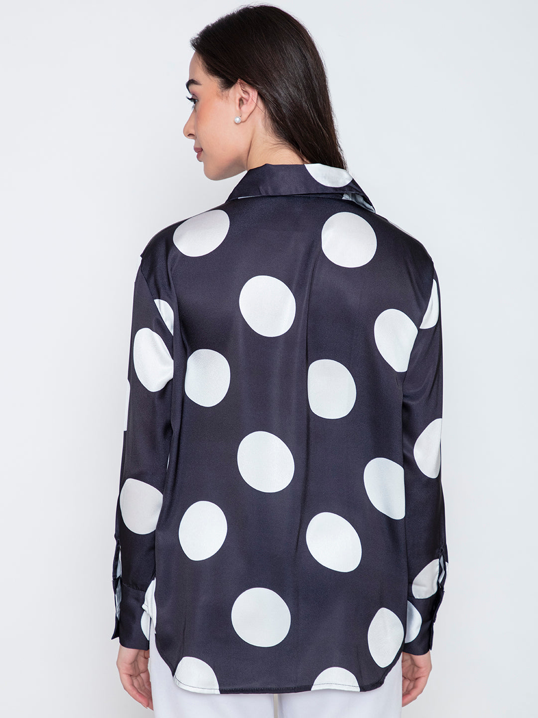 Back view of polka dot satin shirt