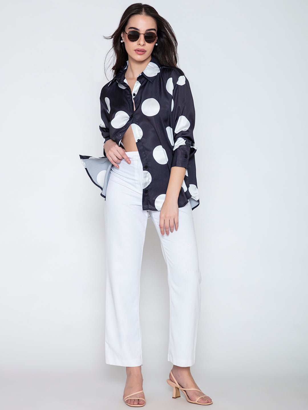 Polka dot satin shirt full outfit shot