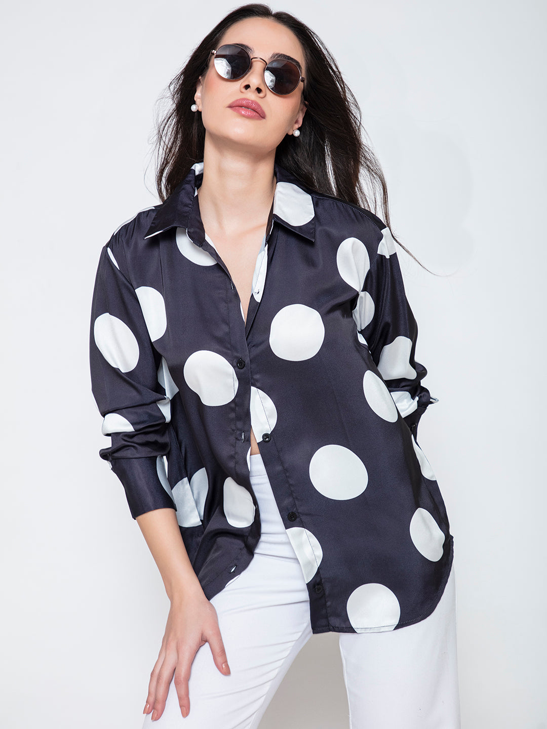 Front view of polka dot satin shirt
