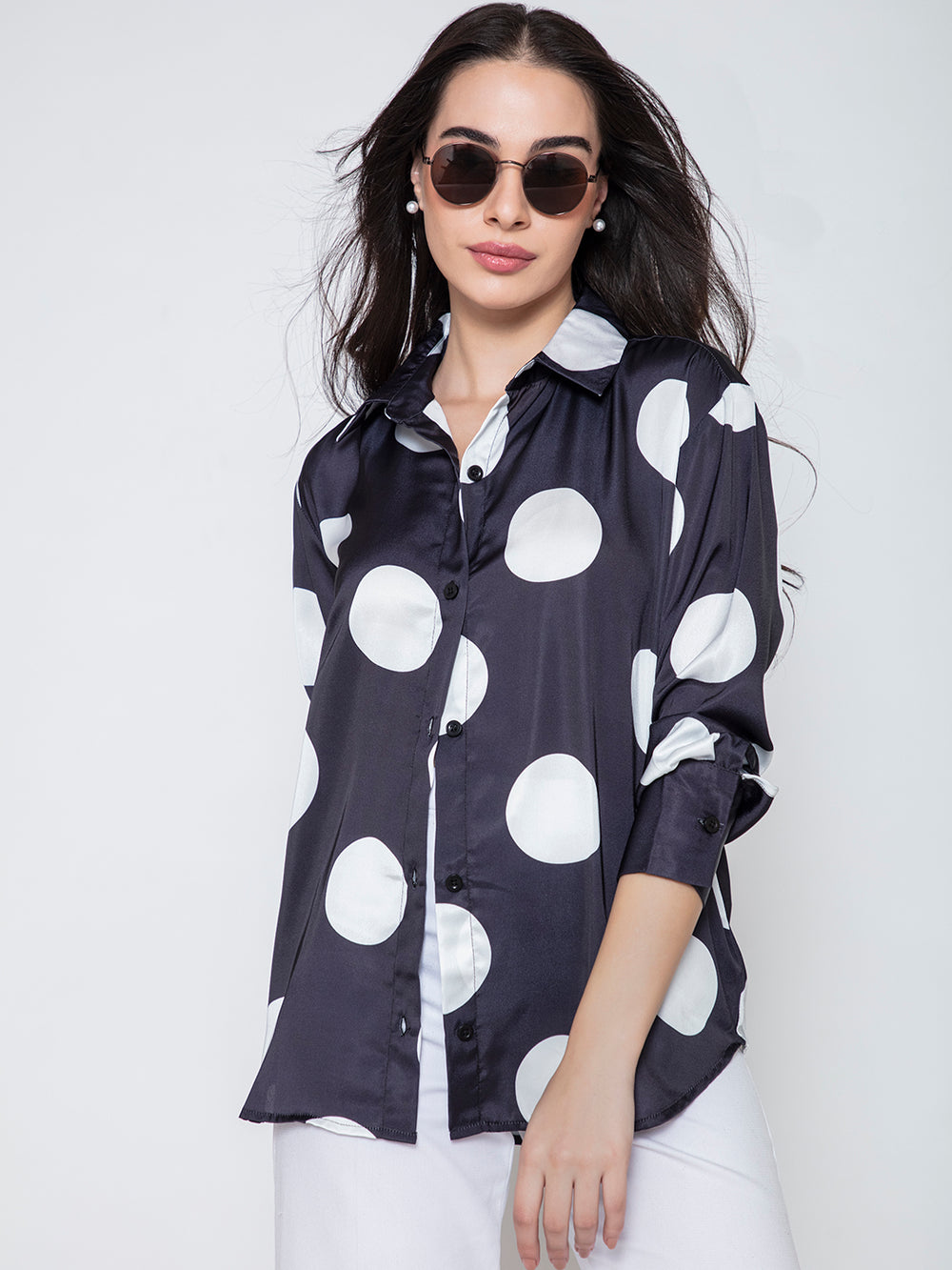 Polka dot satin shirt close-up of fabric