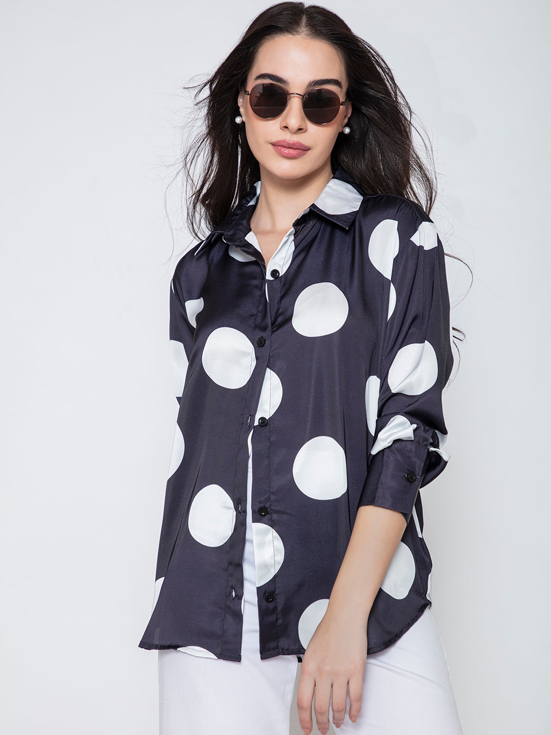 Polka dot satin shirt close-up of fabric