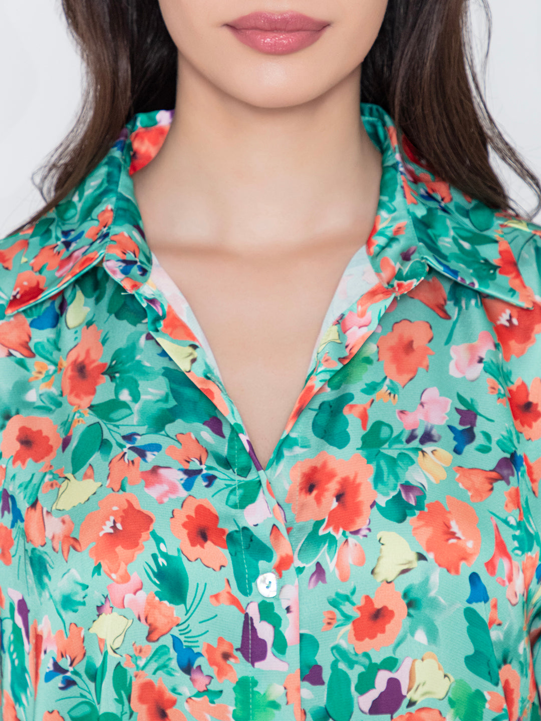 Side view of green floral satin shirt