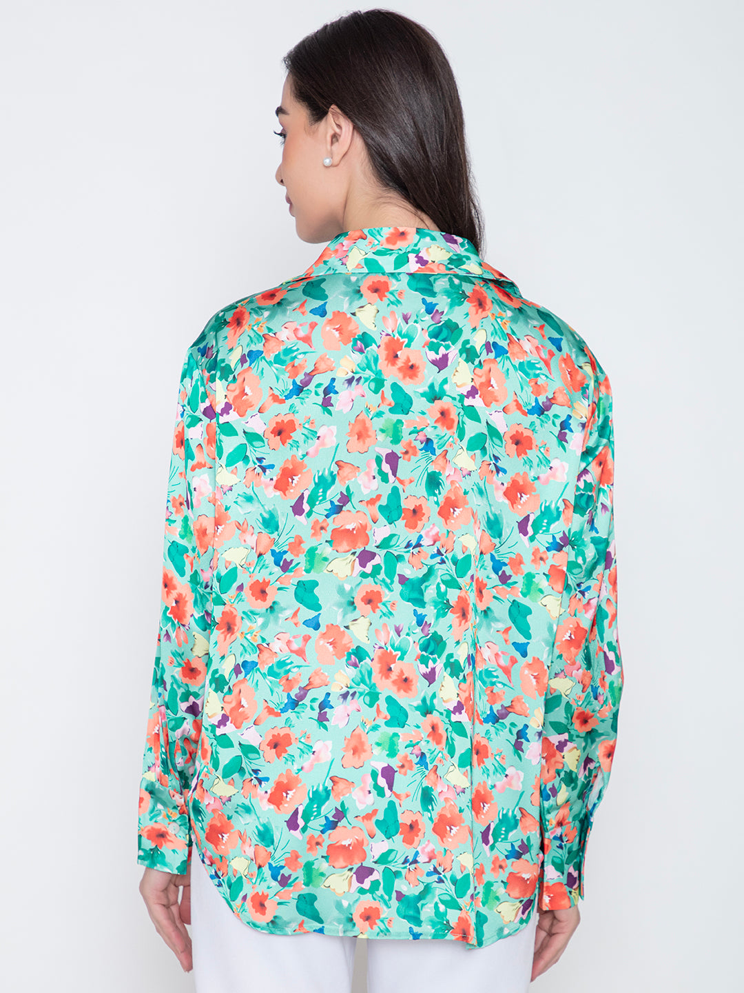 Back view of green floral satin shirt