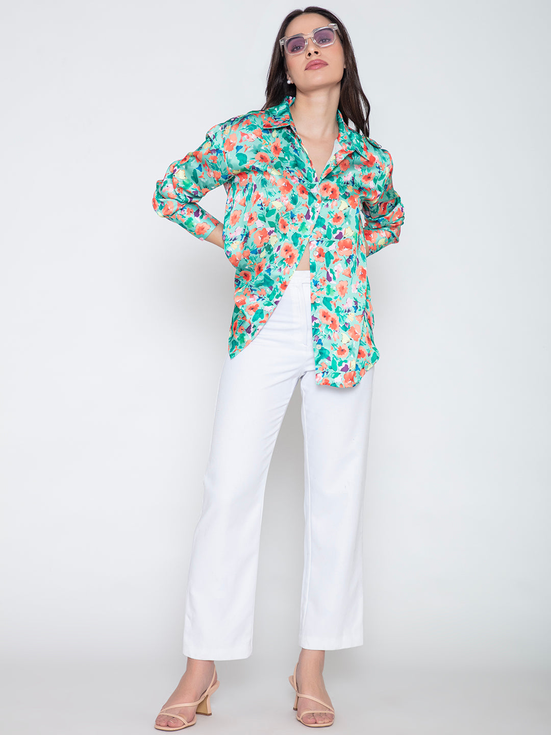Green floral satin shirt drape and movement