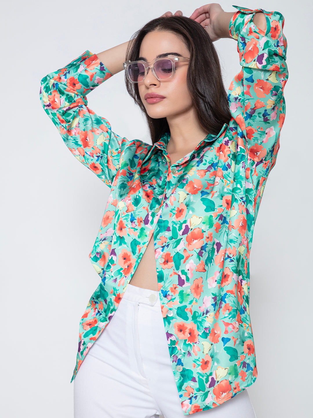 Green floral satin shirt full outfit shot