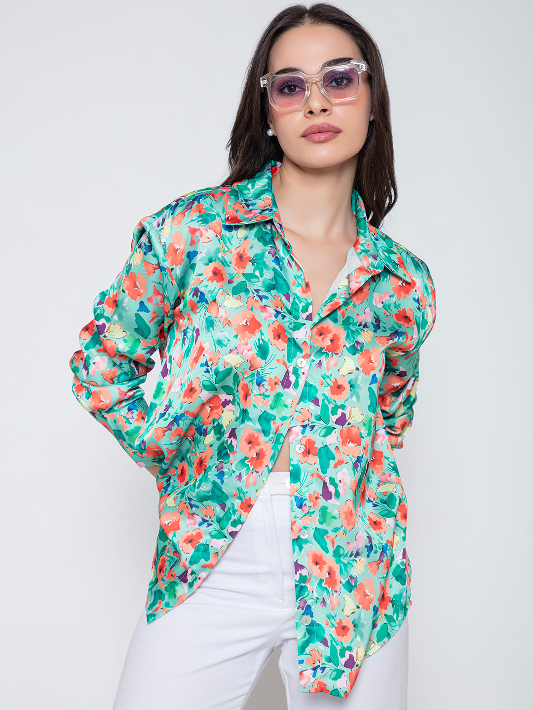Front view of green floral satin shirt